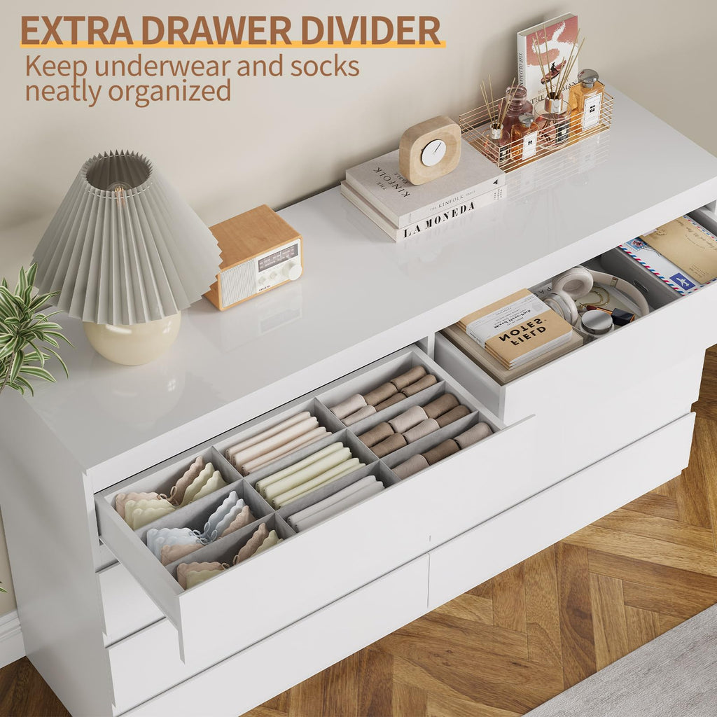 8 Drawer Dresser 55" Wide White Wood Modern Chest