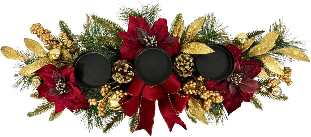 Christmas Candle Holder Centerpiece with Poinsettias and Berries