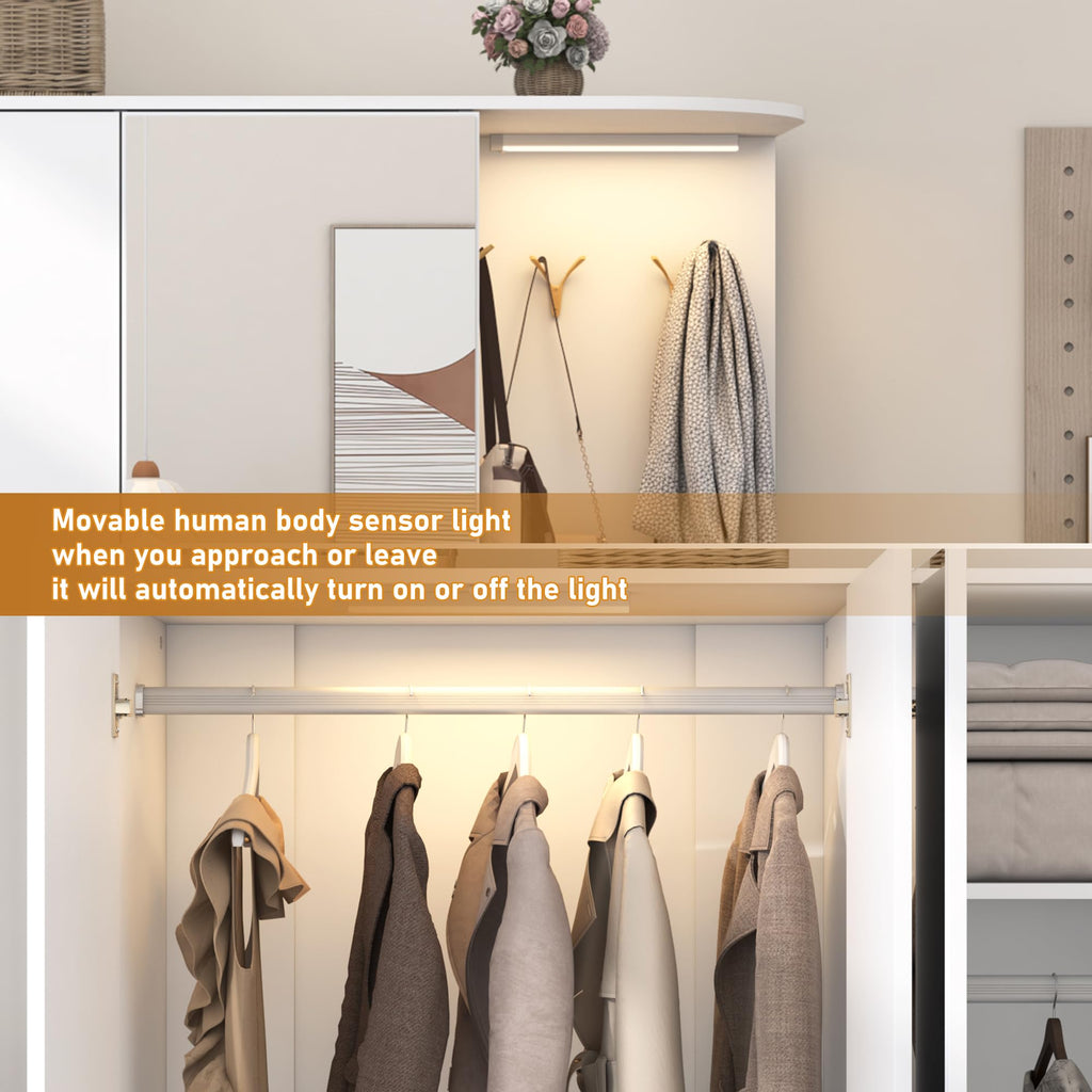 Armoire Wardrobe Closet with Mirror & Sensor Light, Bedroom Armoire with 5 Doors & 2 Drawers, Modern Wooden Large