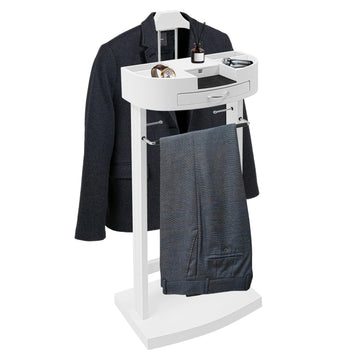 Wooden Valet Stand, Crescent Moon Valet for Men Freestanding Suit Clothes Valet with Drawer, Tray, Contour Hanger