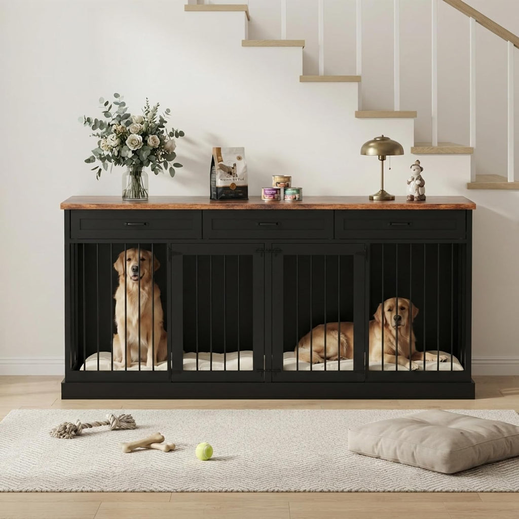 71" Double Dog Crate Furniture TV Stand with Removable Divider & 3 Drawers