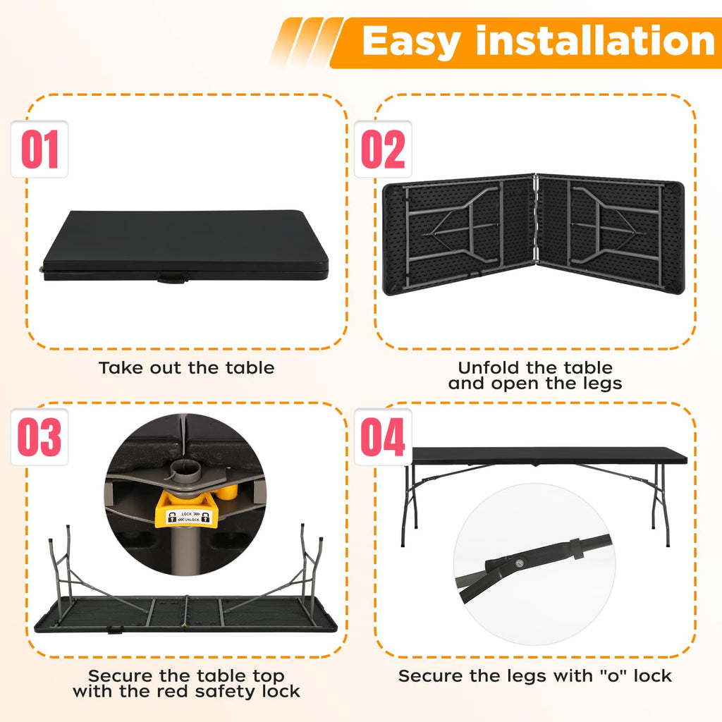 8FT Folding Table | Black | Portable Plastic Table
