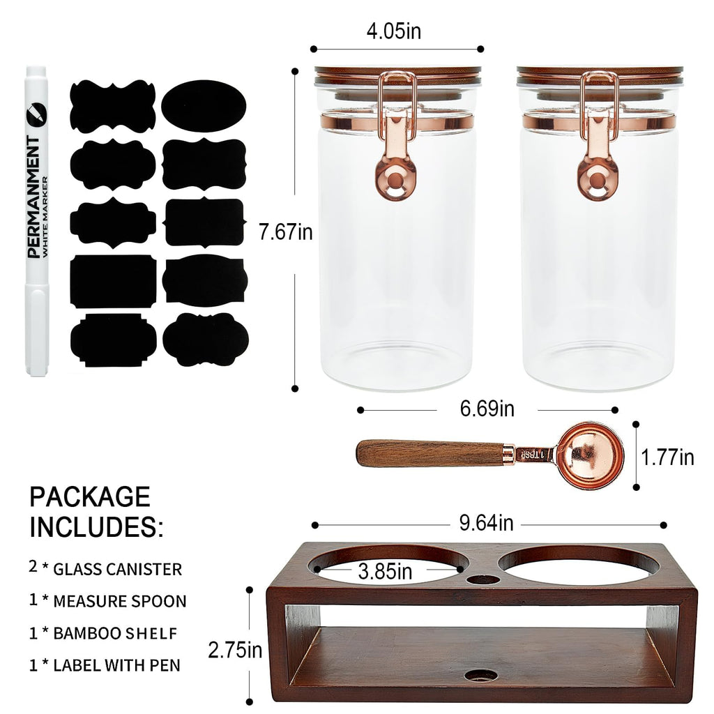 Glass Coffee Container with Wooden Shelf, 2 x 40 FLOZ Coffee Bean Storage with Sealed Closure Clips and Copper Spoon