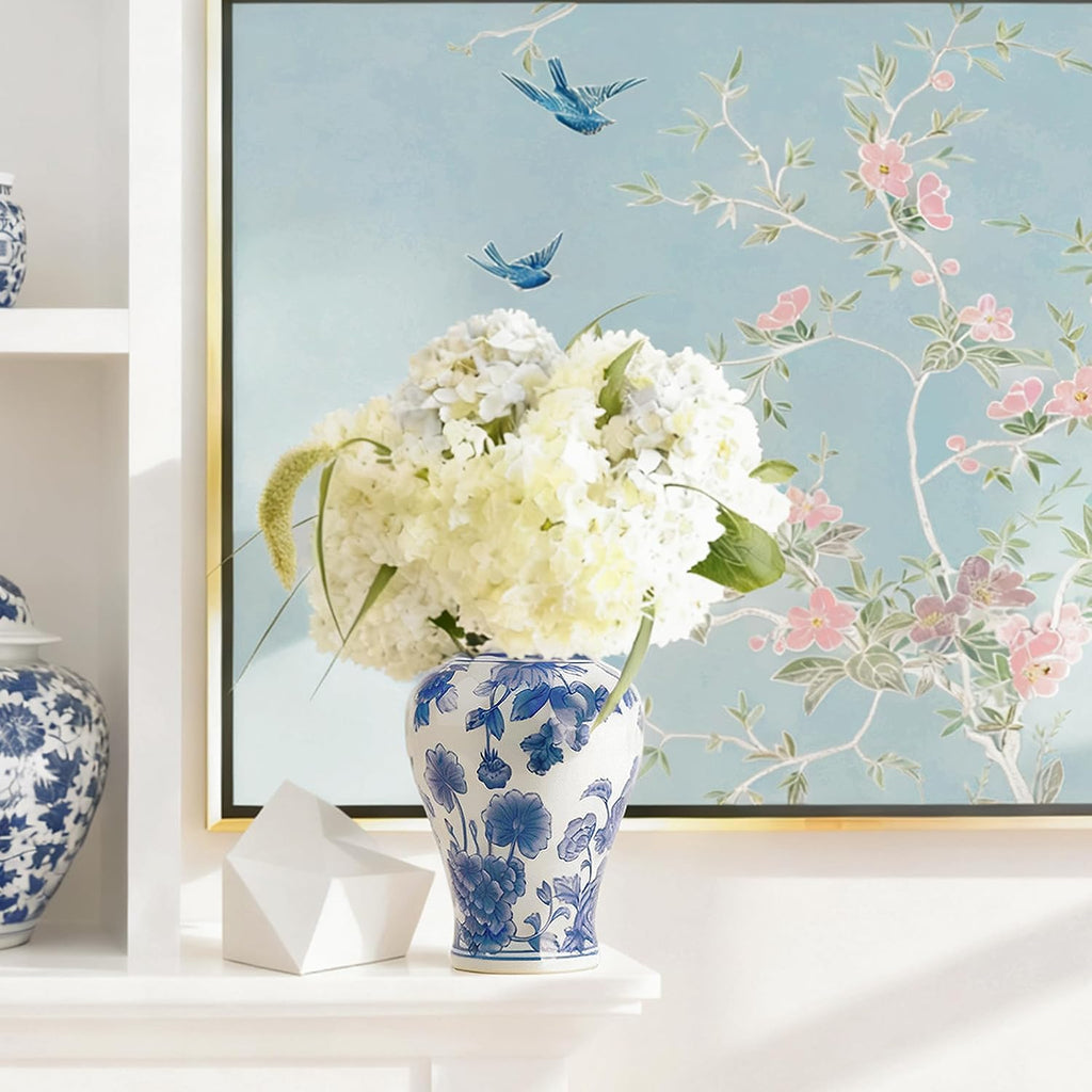 11′′ Blue & White Ginger Jar with Lid Classic Peony Home Decor Aesthetic