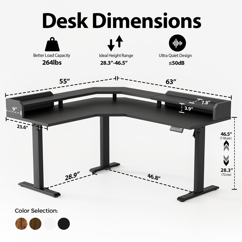 63 Inch L Shaped Electric Standing Desk with Shelf, Black