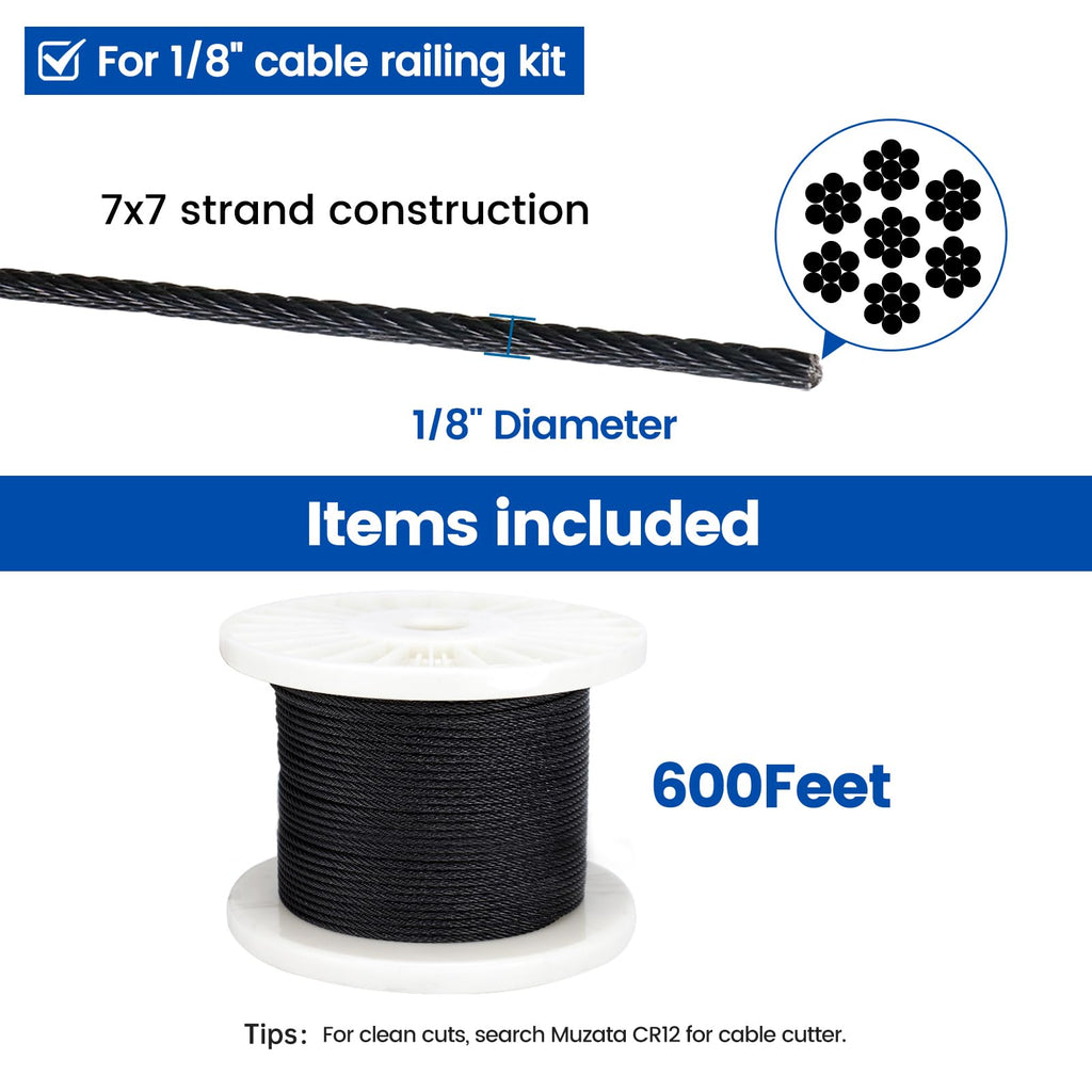 600ft 1/8" Black T316 Stainless Steel Cable Railing Wire Rope WR19