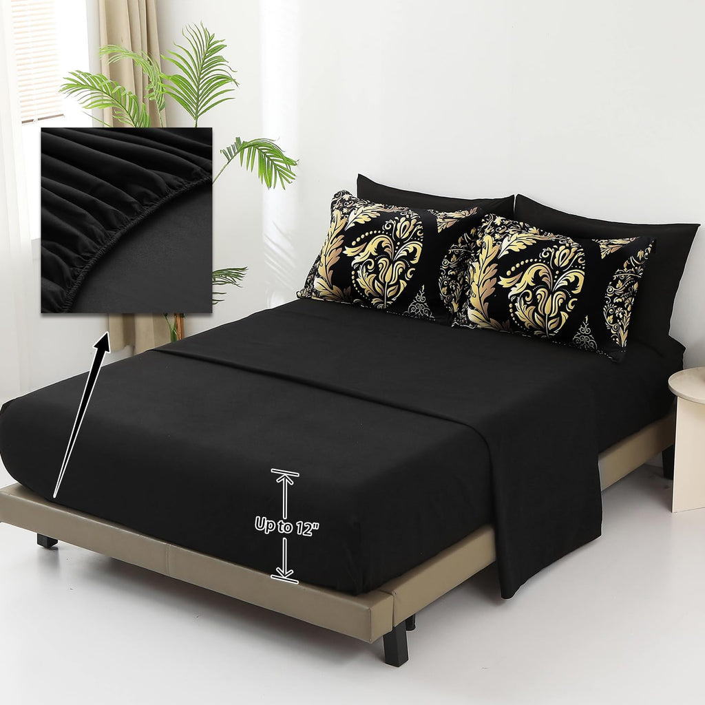 Black Gold Comforter Set King Size, 7 Pieces Bohemian Damask Comforter Set Soft Lightweight Microfiber Bedding Set