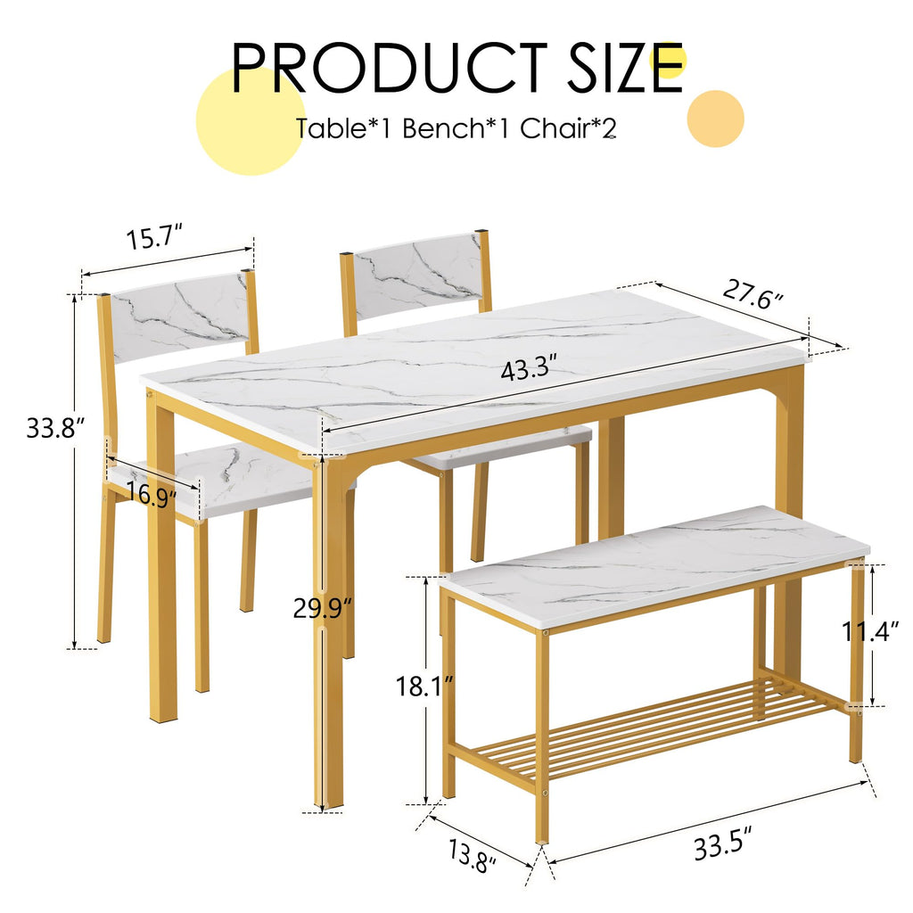 Dining Table Set for 4, Kitchen Dining Table Set with 2 Chairs and 1 Bench, 4-Piece Kitchen Table Set Restaurant