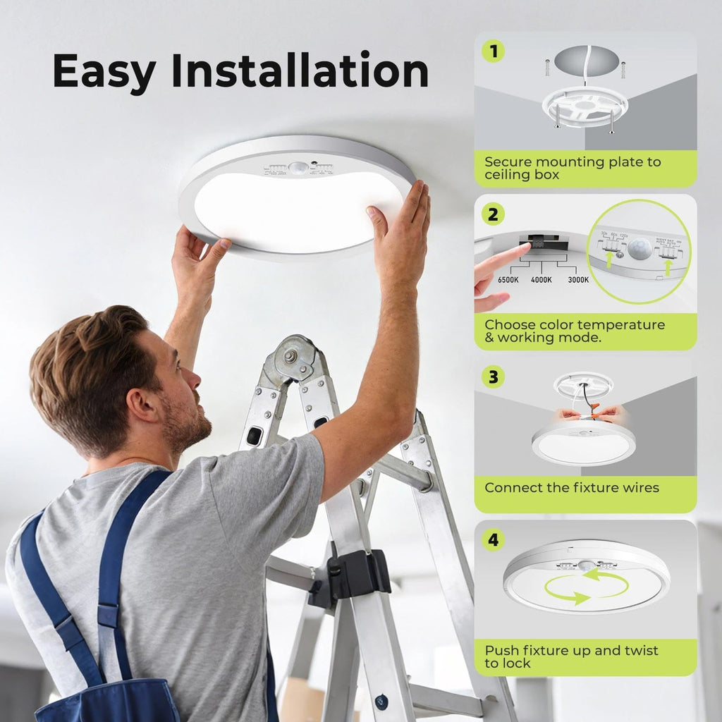 4 Pack Motion Sensor Ceiling Light Wired, 3000K/4000K/6500K LED Flush Mount Ceiling Light Fixture, 12Inch 24W Motion