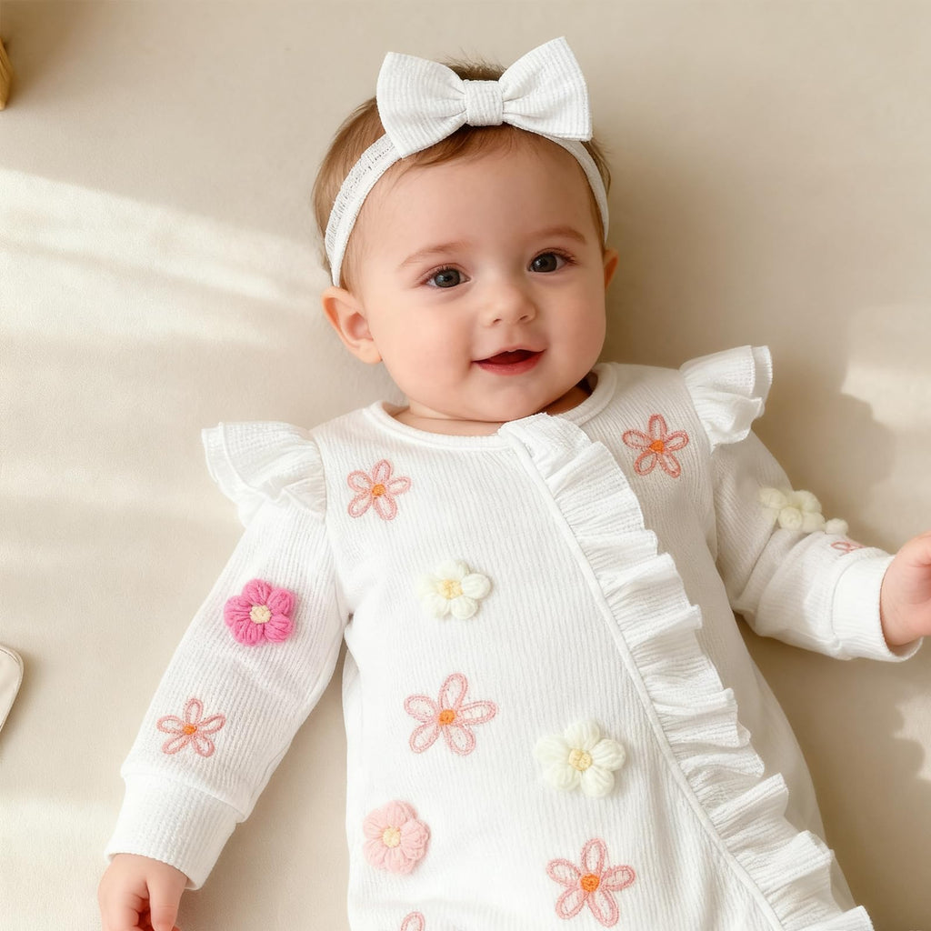Newborn Baby Girl Clothes Ribbed Ruffle Romper Long Sleeve Zipper Onesie Jumpsuit Coming Home Outfit Girl (3D Flower