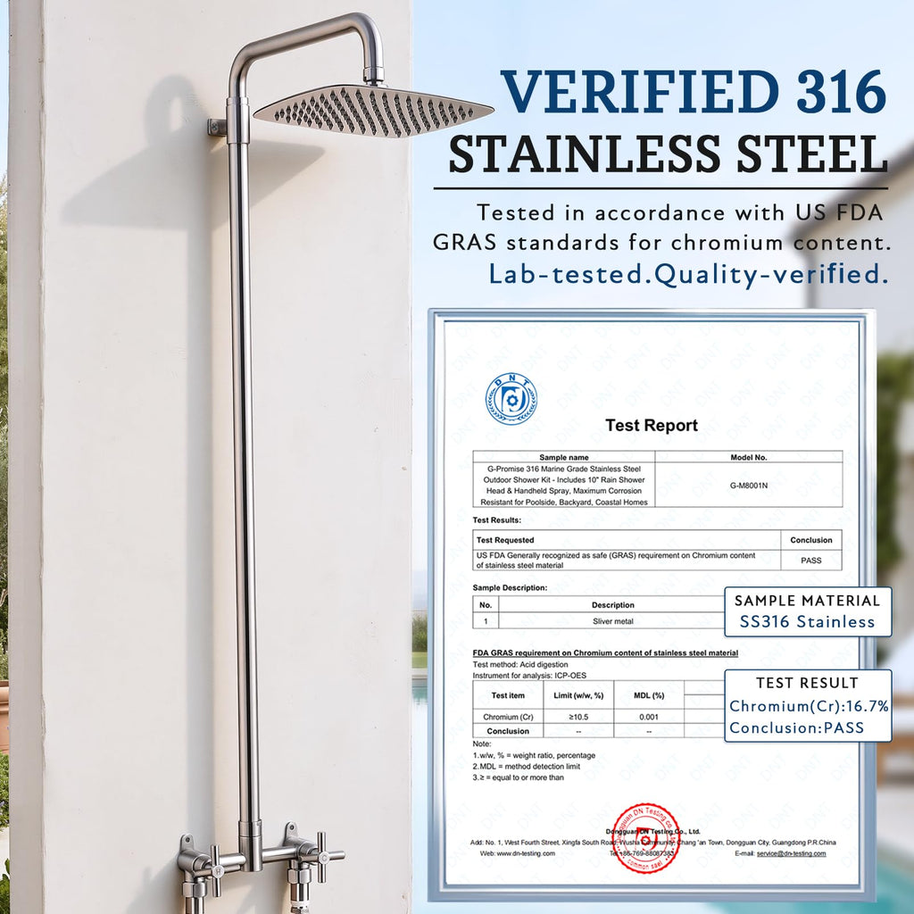 316 Marine Grade Stainless Steel 10" Rainfall Outdoor Shower Kit