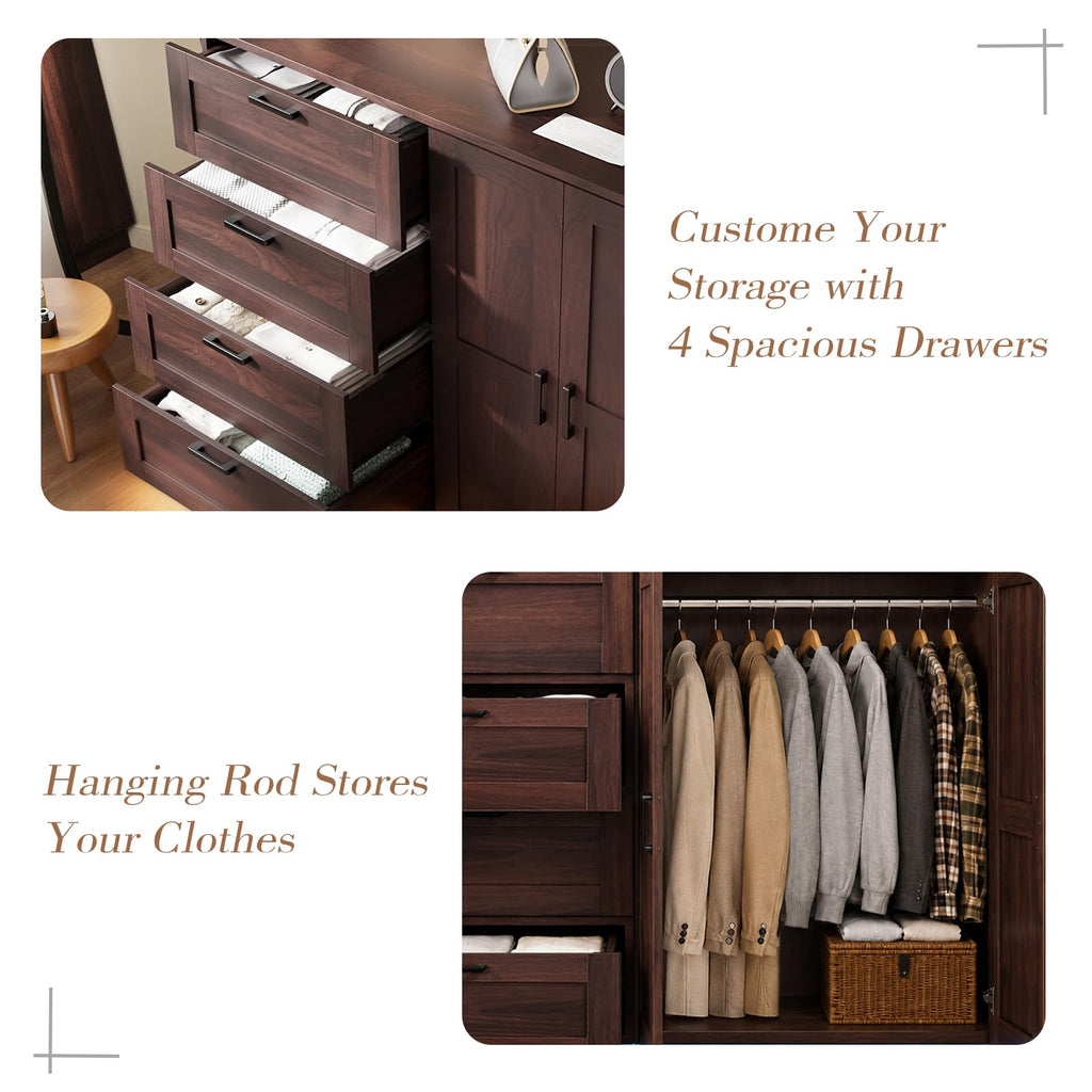 43.3'' H LED Bedroom Armoire with Drawers and 2 Doors, Farmhouse Wooden Armoire and Wardrobe Cabinet, Closet with