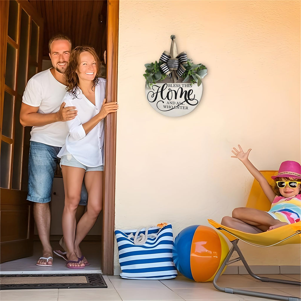 Welcome Sign for Front Door, Rustic Round Wood Wreaths Wall Hanging Outdoor Decor, Porch Fence Decorations Hanging