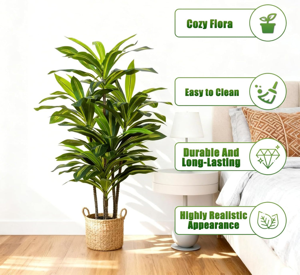 4ft Dracaena Artificial Plant - Large Tropical Indoor Fake Tree with Lifelike Leaves - Tall Faux Floor Plant in Pot