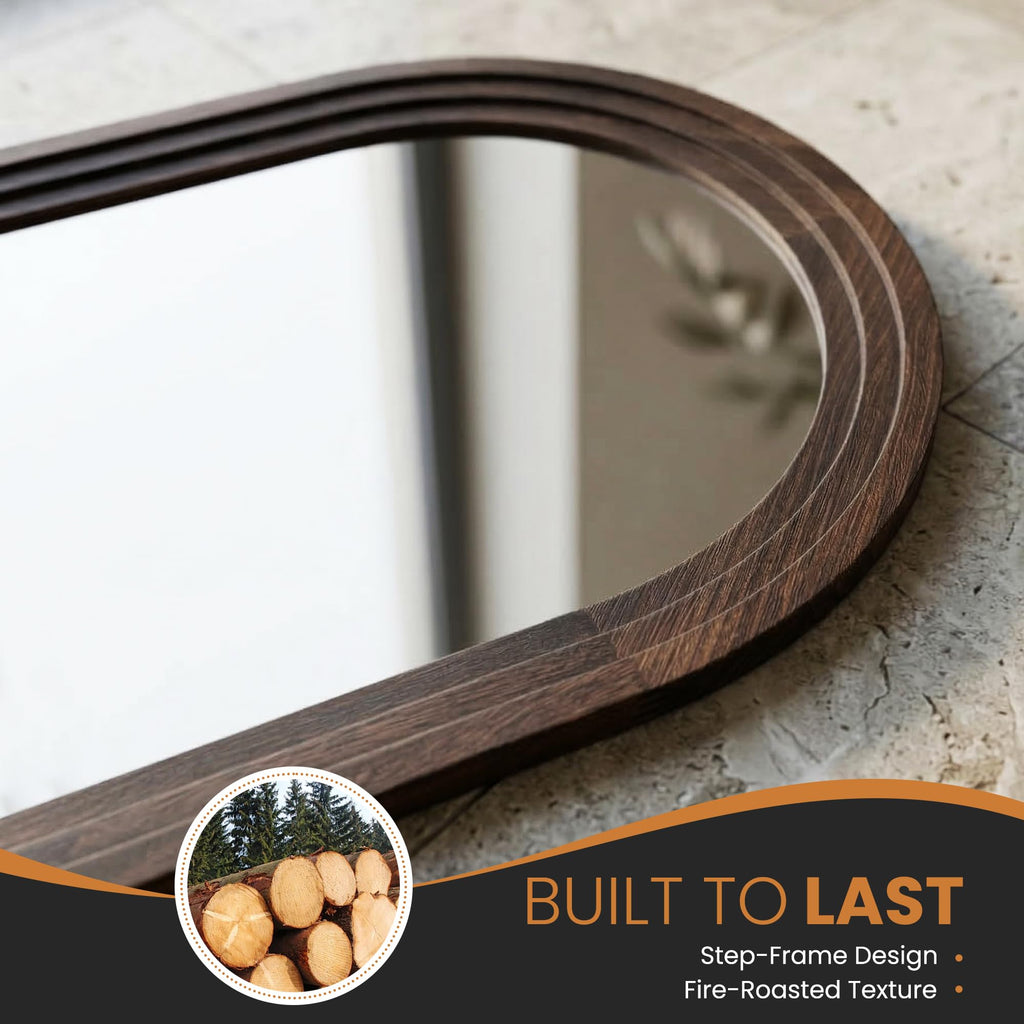 Arched Bathroom Mirror, 38"x26" Brown Wood Frame Wall Mirror