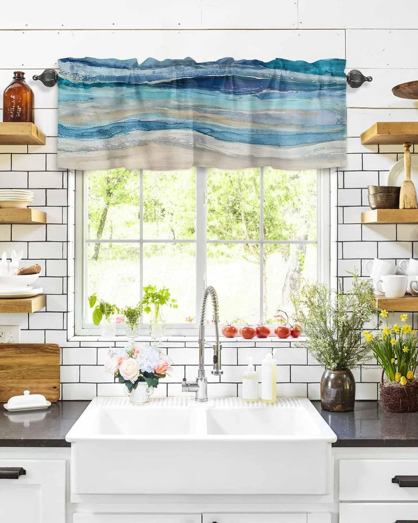 Coastal Beach Valances - Navy Blue Kitchen Curtains - Abstract Blue Wave Window Treatment - Modern Ombre Valances
