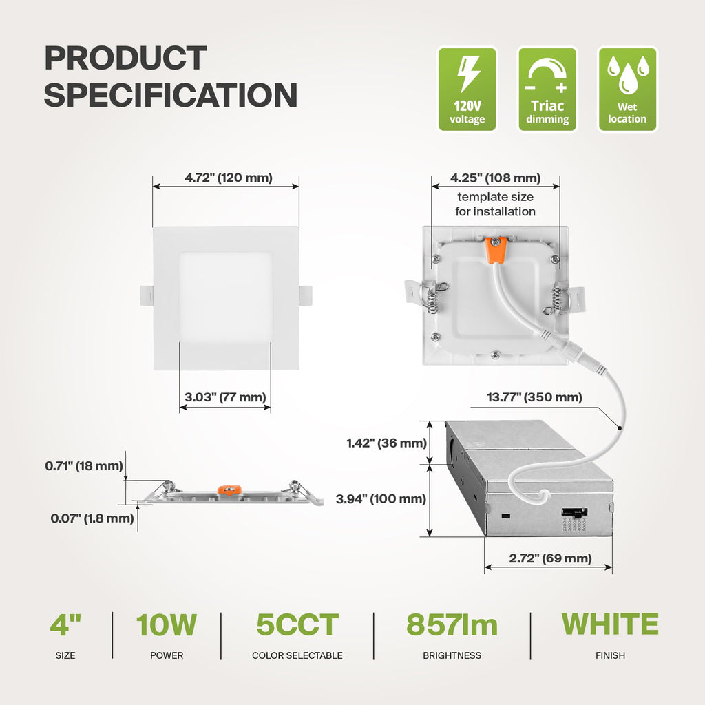 12 Pack LED Square Recessed Lighting 4 Inch, 5CCT 2700K-5000K CRI90+, Dimmable Ultra-Thin Canless Wafer Lights, IC