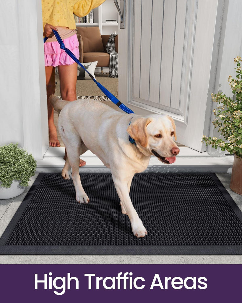 Door Mat Outside Entrance 24x36, Heavy Duty Rubber Doormats, Black | Non-Slip Low-Profile, Traps Dirt Outdoor Mat