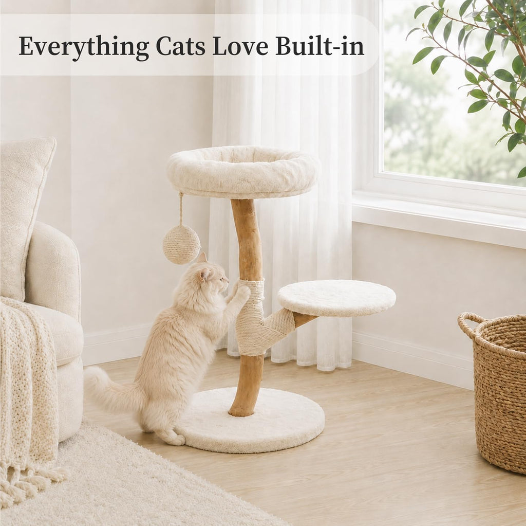 Real Wood Modern Cat Tree Tower, Cat Scratching Post with Bed for Small Indoor Cats, Solid Wooden Climbing Tower