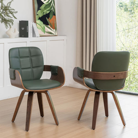 Mid-Century Modern Dining Chairs Set of 2, Swivel Faux Leather Dining Chairs with Arms and Curved Bentwood Back for Kitchen or Restaurant, Walnut Green