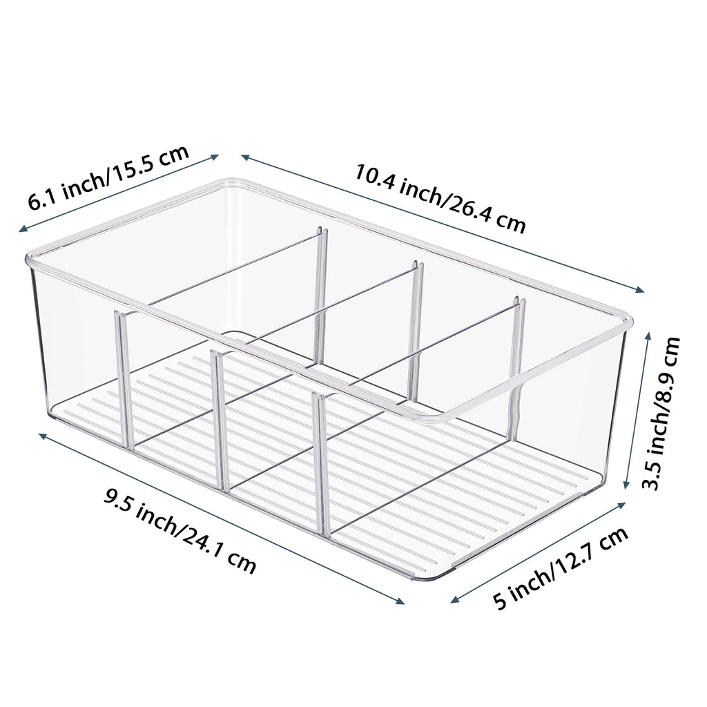4 Pack Food Storage Organizer Bins, Clear Plastic, 4 Compartments