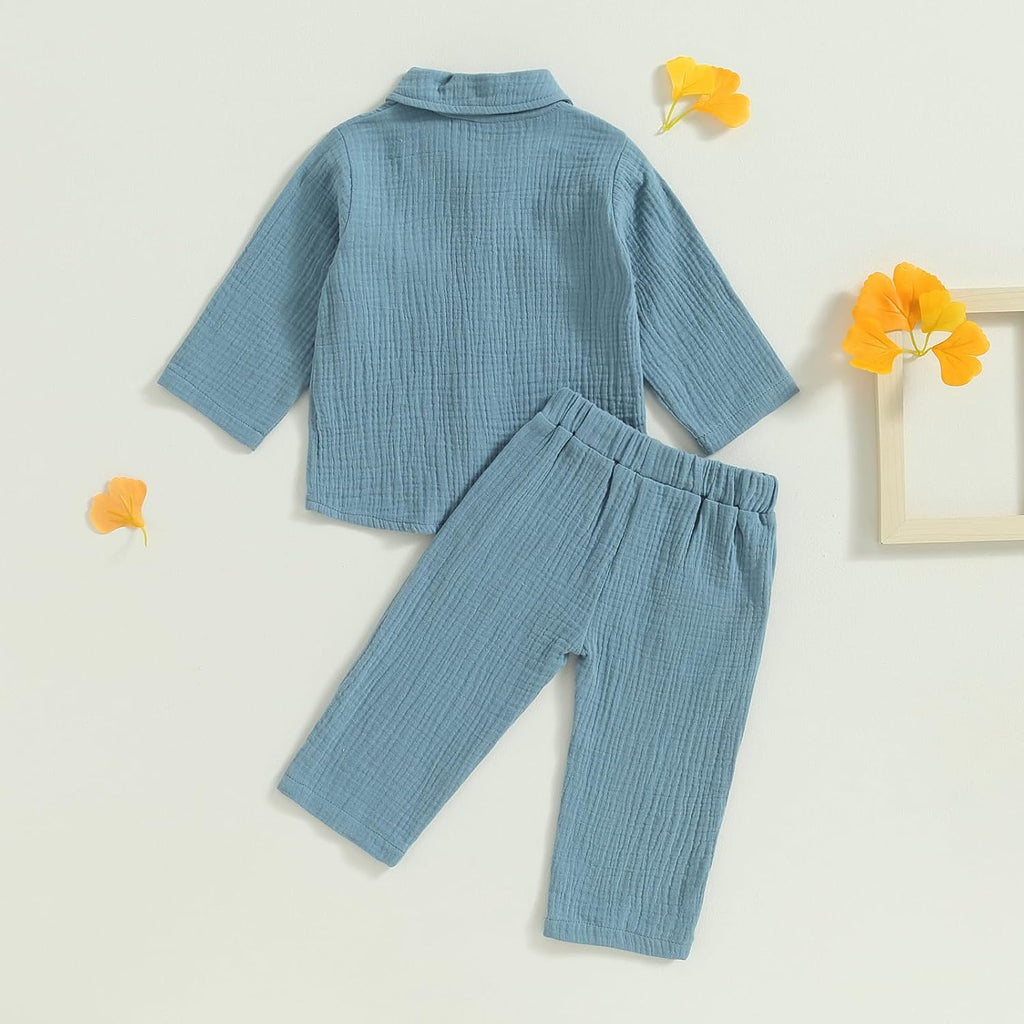 Toddler Boy Linen Outfit Baby Boy Fall Winter Clothes Set Button-Down Shirt Tops Cotton Linen Pants 2PCS