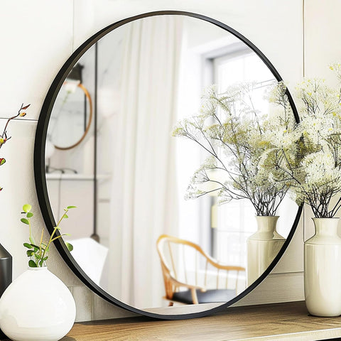 Black Round Mirror, Round Mirror 24 inch, Black Circle Mirrors Matte Metal Frame, Wall Mounted Mirrors , Wall, Entryway.