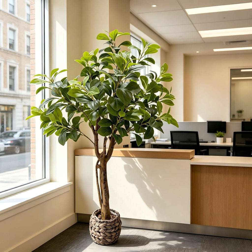 Artificial Ficus Tree, Floor Plant in Woven Basket Indoor Decor