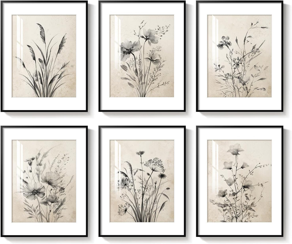 Framed Boho Vintage Botanical Wall Art, Set of 6 Black and White Floral Canvas Painting Prints with Mat for Farmhouse