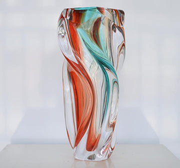 Hand Blown Twisted Multicolor Art Glass Vase, 12" Tall Luxury Swirl Crystal Vase, Decorative Centerpiece, Dining