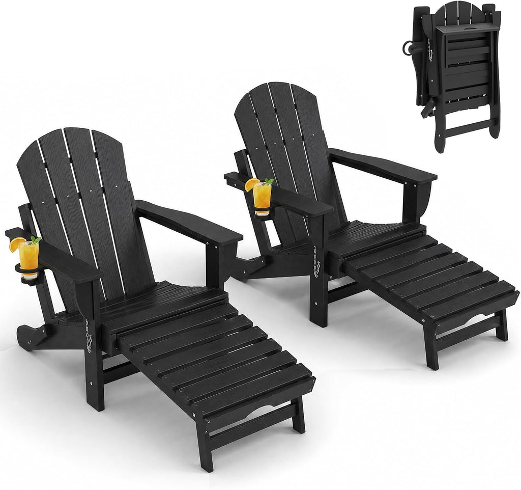 Folding Adirondack Chair Set of 2 with Retractable Ottoman Black | Outdoor HDPE Fire Pit Chair, Cup Holder, Large