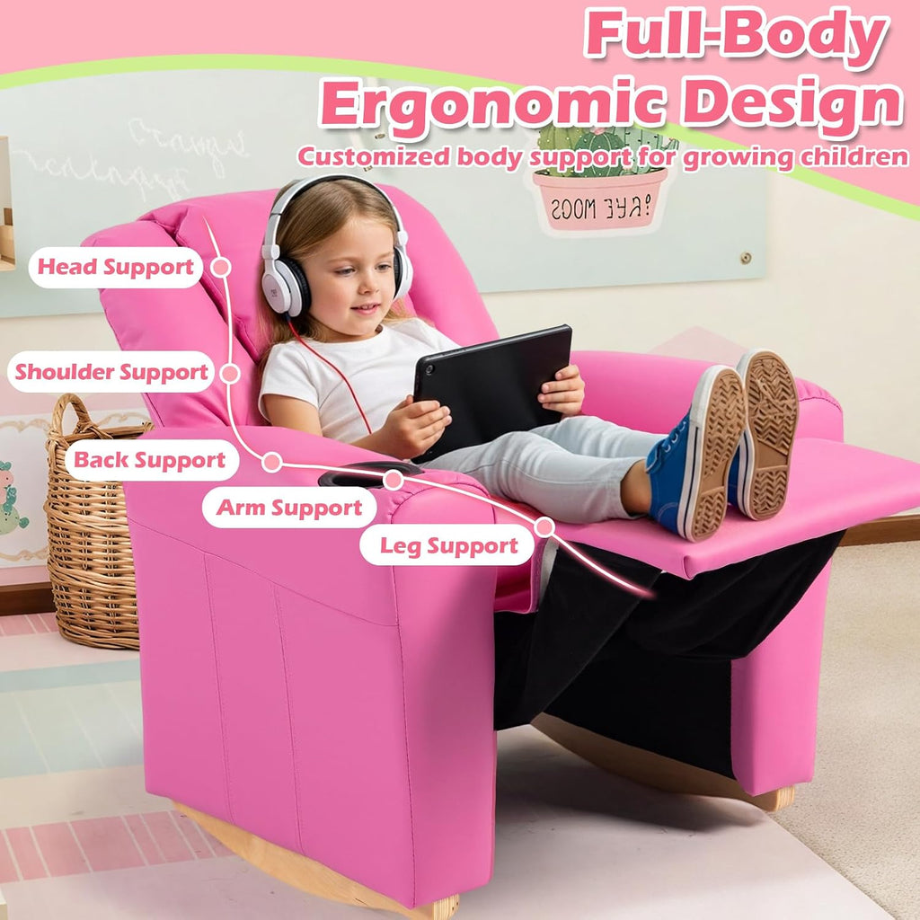 Kids Recliner Chair with Cup Holder, Leather Toddler Recliner with Adjustable Backrest, Curved Rocking Legs and Comfy