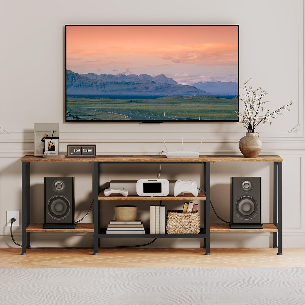 TV Stand with Power Outlets to 65 Inches, TV Console Table with Open Storage Shelves, Industrial Media Entertainment