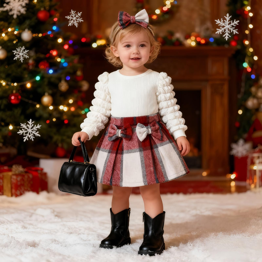 Christmas Toddler Baby Girl Plaid Dress Puff Sleeve Bow Patchwork Ribbed Shirts Dress Plaid Fall Winter Outfits (Red