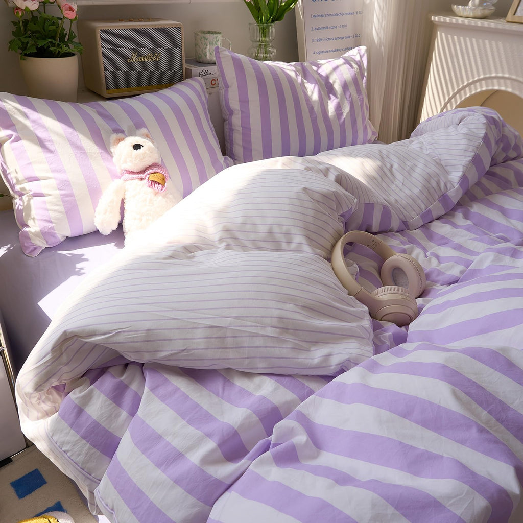 Purple and Beige Striped Duvet Cover Set Twin Size Breathable Soft Jacquard Vintage Stripes Printed Bedding Set 3