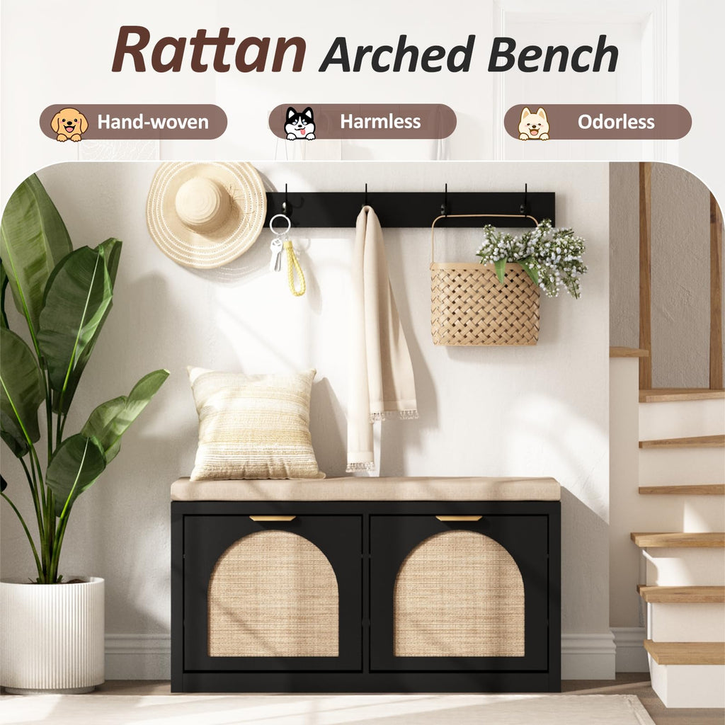 Rattan Narrow Entryway Bench with Shoe Storage, 2 Flip Drawers & Coat Rack, Mid-Century Modern Wood Shoe Cabinet with