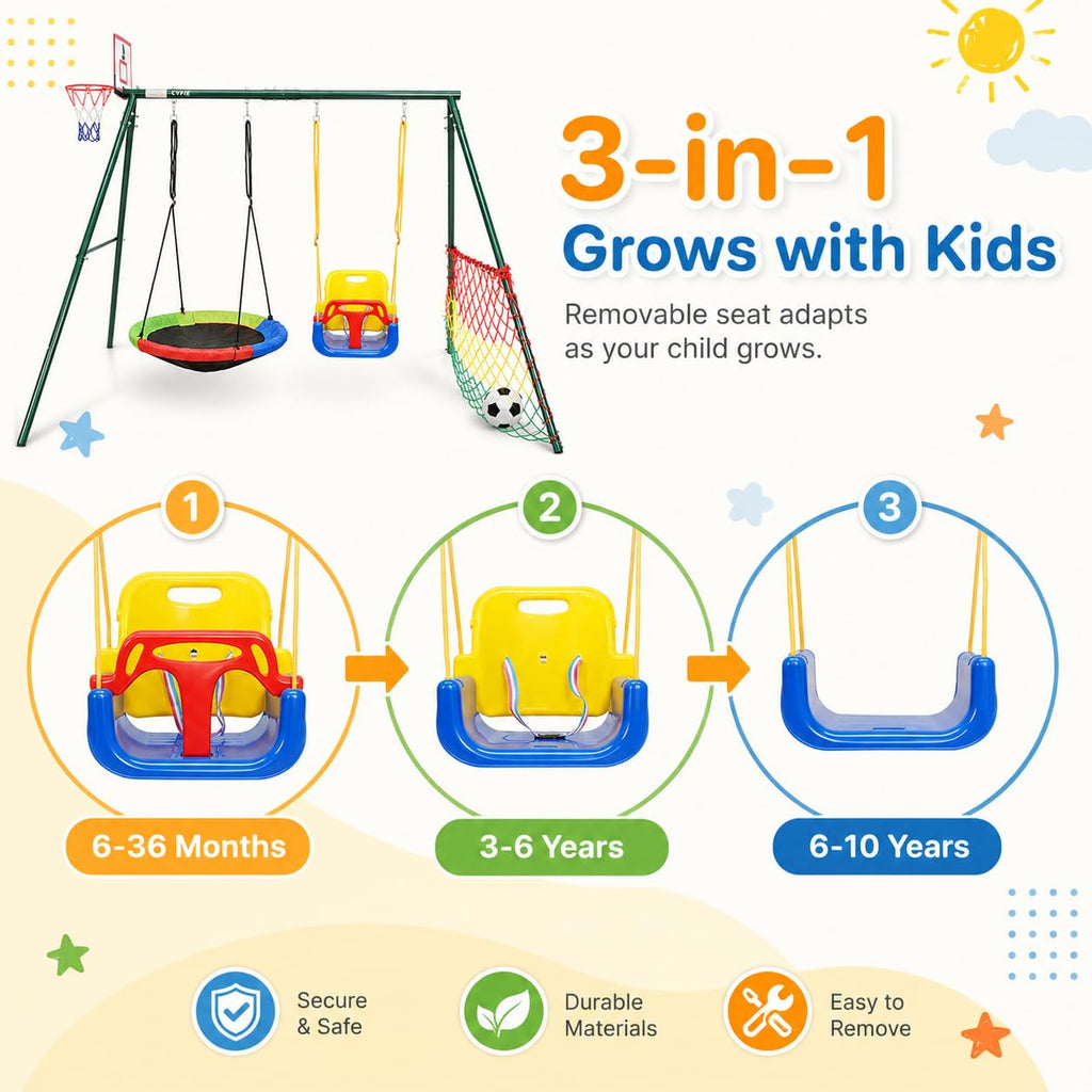 7-in-1 Kids Swing Set and Saucer Swing for Backyard