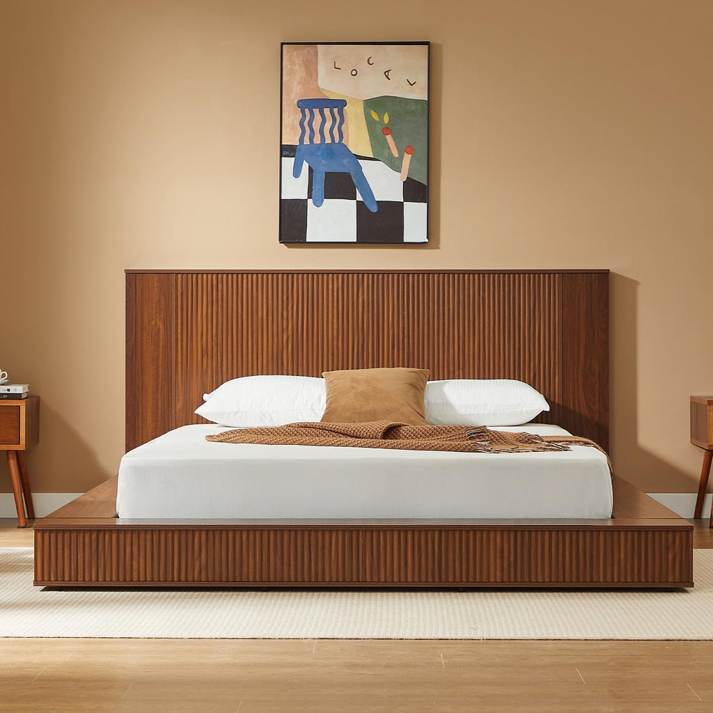 Floor Wooden Bed Frames with Walnut Headboard (Walnut)