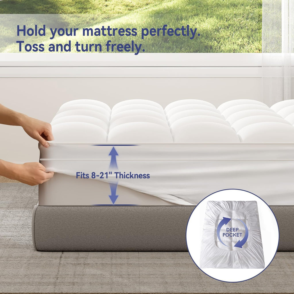 King Mattress Topper, Extra Thick Pillow Top Mattress Pad Cover | Plush soft breathable bed topper for back pain
