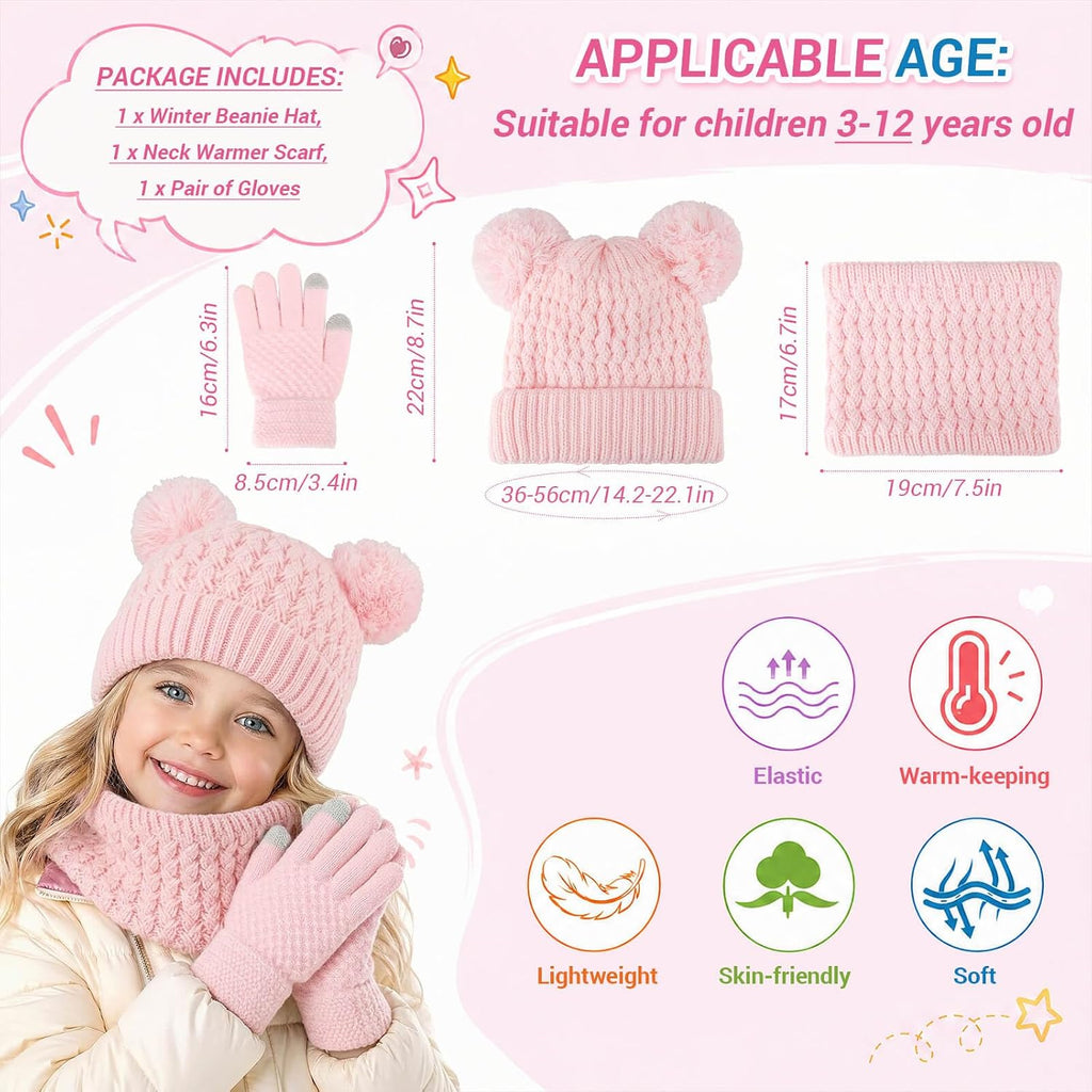 Kids Winter Hat Gloves Scarf Set, Unisex Children Beanie Hat with Pom