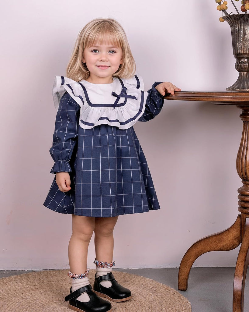 Toddler Girls Vintage Plaid Dress | Soft Cotton Princess Ruffle Dress with Bow | Long Sleeve Fall Heirloom Outfit