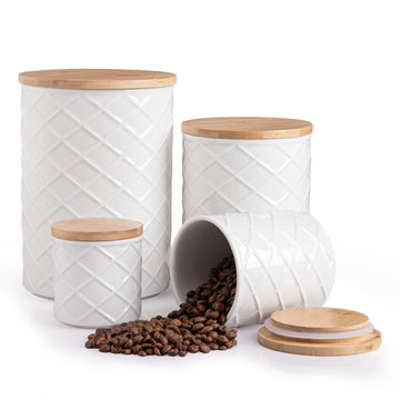 Ceramic Canisters Sets Countertop, Relief Food Storage Jar with Bamboo Lid, Stackable Container for Flour, Coffee