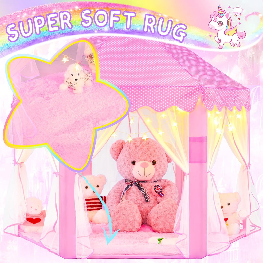 Princess Tent with Lights and Rug, Play Tent for Girls, Kids Tent Indoor and Mat, Princess Castle Playhouse Tent