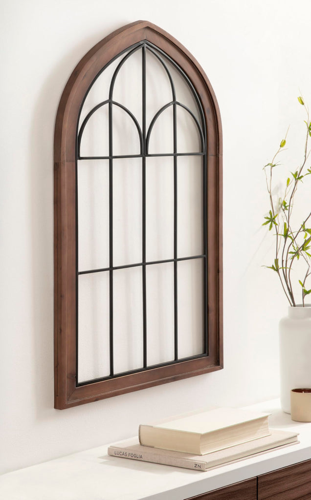 Rennell Farmhouse Arched Wall Art Plaque; 19 x 36; Walnut Brown and Black; Wood and Metal Windowpane Wall Decor for