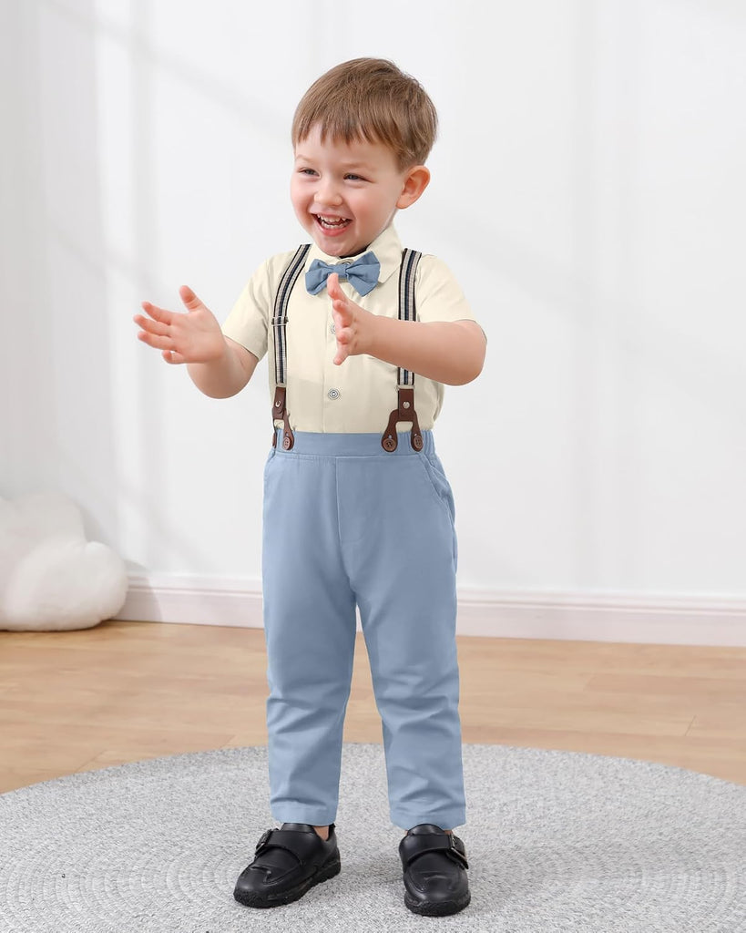 Toddler Boys Semi Formal Outfit 3pcs Sets Short Dress Shirt Suspender Pants Bow Tie