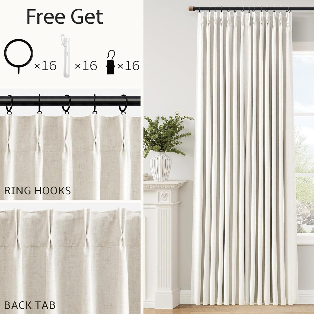 100% Blackout Linen Pinch Pleat Curtains 84 Inch Cream