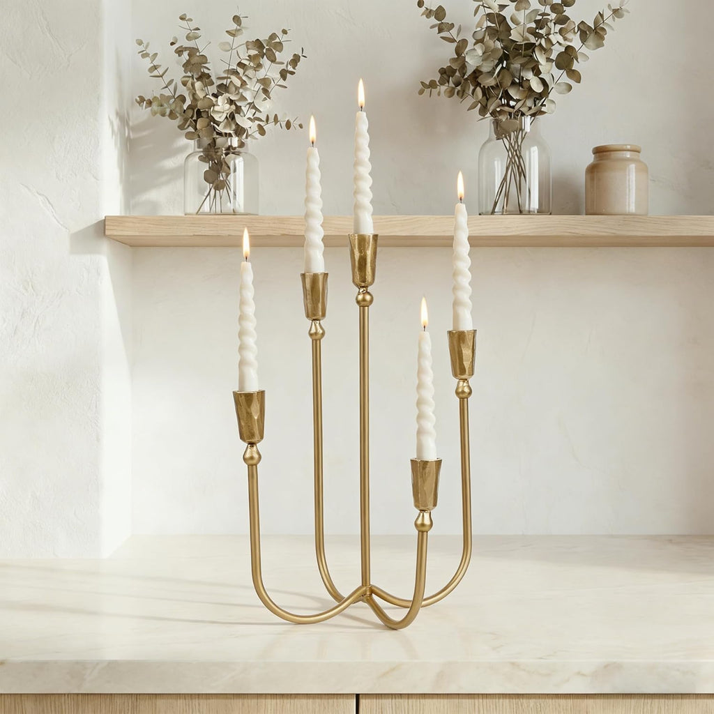 Cast Iron 5 Arm Candelabra Candle Holders, 16.2" Antique Brass Gold Candlestick Holders Centerpieces for Tables
