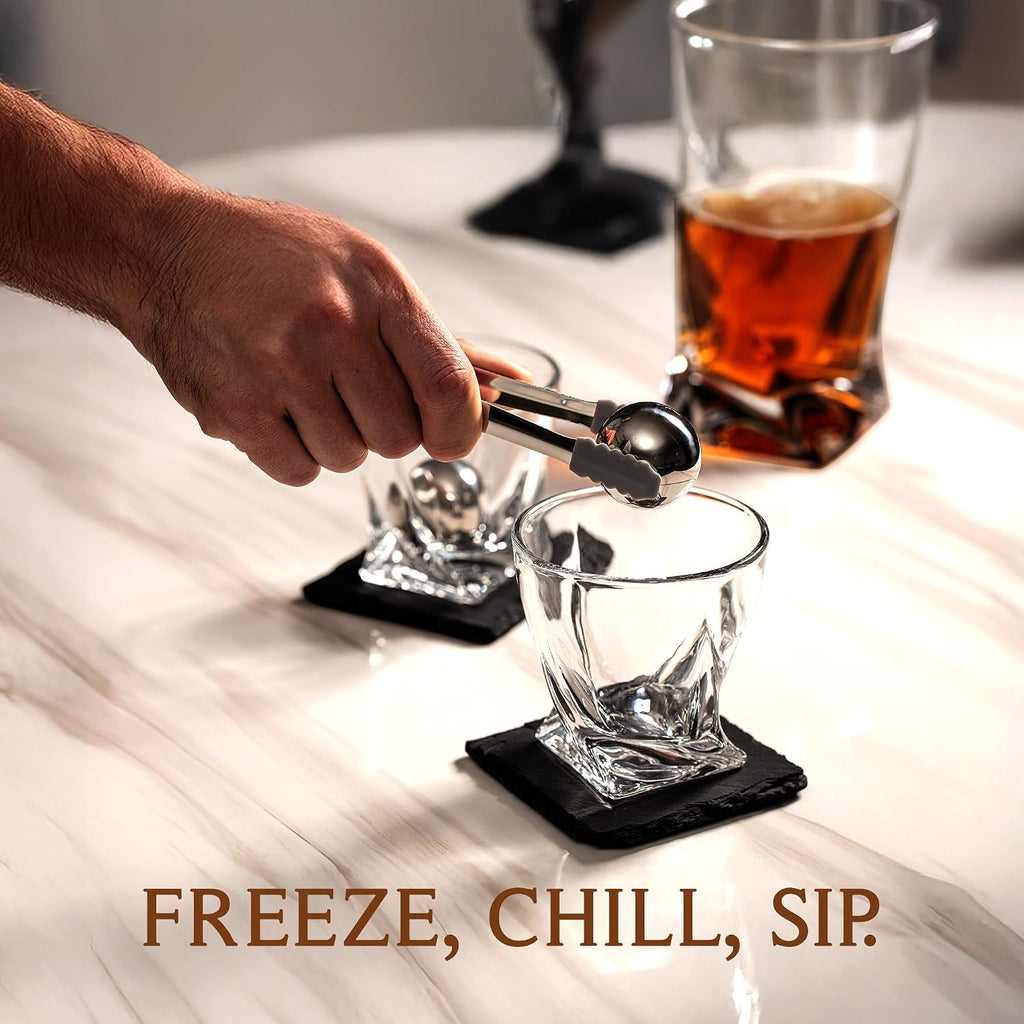 Crystal Whiskey Decanter Set 24oz With Glasses & Chilling Stones - Features Stainless Steel Whiskey Balls, Slate