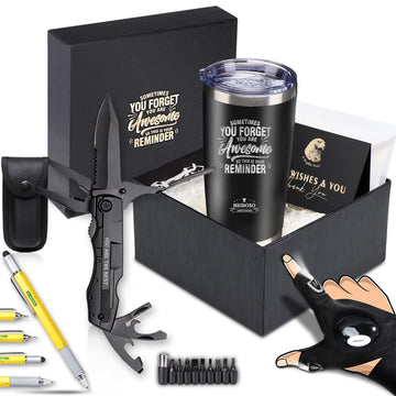 Gifts for Men - 6-in-1 Gift Set with Stainless Steel Tumbler, Multi-Tool Knife, LED Gloves & Tool Pen Keepsake Box