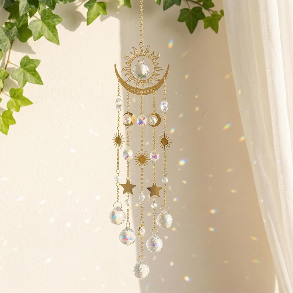 Sun and Moon Crystal Prism Suncatcher for Window Hanging - Sun Catchers Indoor Hanging Ornaments with Sun Moon Star